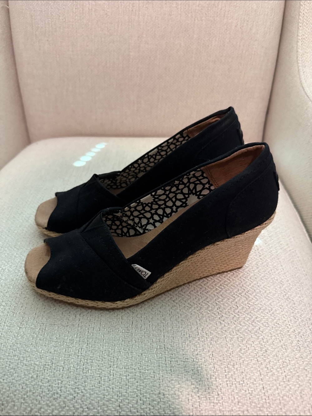 Toms Black Canvas Espadrille Wedge Peep-Toe